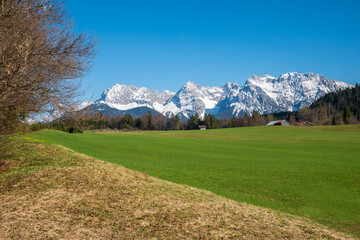 karwendel mountain range, view from Gerold, with green meadow