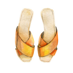 Women's yellow sandals without heels for a walk on the beach. Watercolor drawing.