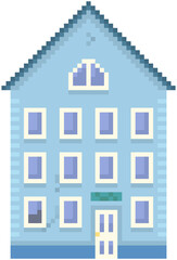 House isolated on white. Pixelated apartment building with many windows for pixel game design. Panorama architecture. 8-bit. Layout of mobile app, computer game. Old architectural cartoon building