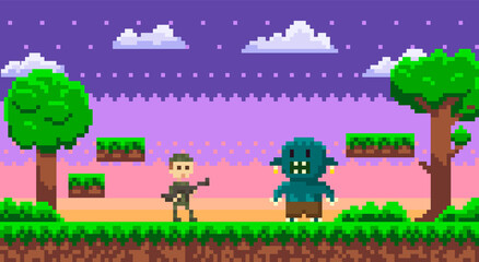 Pixel 8 bit retro game. Soldier in military uniform fighting against monster, Zombie attacks human, apocalypse. Trees and nature pixelated video-game. Man armed with machine gun shoots villain