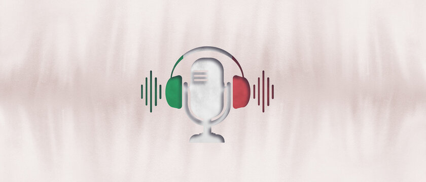 podcasting concept. Icon of a radio microphone with headphones. broadcasting banner. Italian flag. Language course. culture and society.

