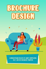 New mom holding kid on lap. Mother and toddler with pacifier sitting on couch at home flat vector illustration. Motherhood, maternity leave concept for banner, website design or landing web page