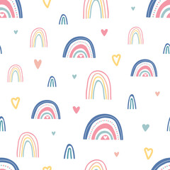 Unique hand drawn rainbow and hearts texture. Rainbow seamless pattern. Cute kids nursery background in pastel colors. Baby shower decoration. Children room decoration. Vector illustration