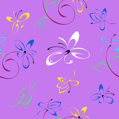 Naklejka na ściany i meble seamless pattern 58. seamless pattern with stylized flowers, leaves and curls in colored lines on a lilac background