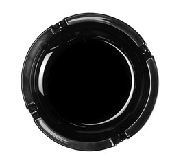 Black new ashtray isolated on white background, top view