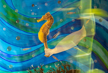 seahorse in the sea with plastic bag attached to its tail
