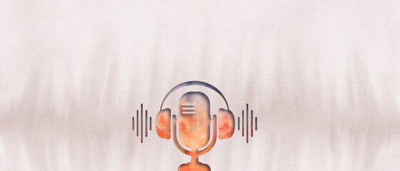 podcasting concept. artistic icon of a radio microphone with headphones. broadcasting banner. 

