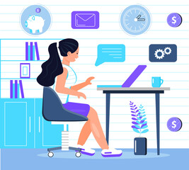 Burnout in professional life, emotional collapse concept vector. Tired frustrated employee is sitting at the table. Young woman in stress in the office. Brainstorming is out.