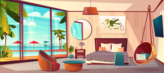 Vector interior of hotel bedroom, summer resort