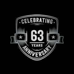 63 years anniversary celebration shield design template. Vector and illustration