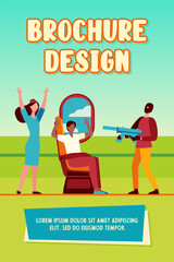Naklejka premium Armed terrorist aiming gun at plane passengers on board. People putting hands up in air flat vector illustration. On board aircraft hijacking concept for banner, website design or landing web page