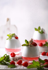 Creamy dessert with raspberry jelly in a clear glass, with mint, berries and cocoa sprinkles on a white wooden table on a light background. Background image, copy space, vertical, rustic