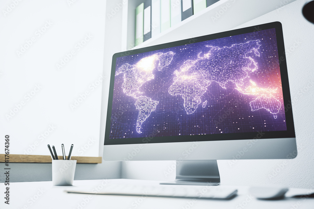 Aufkleber abstract graphic world map on modern laptop screen, connection and communication concept. 3d renderi