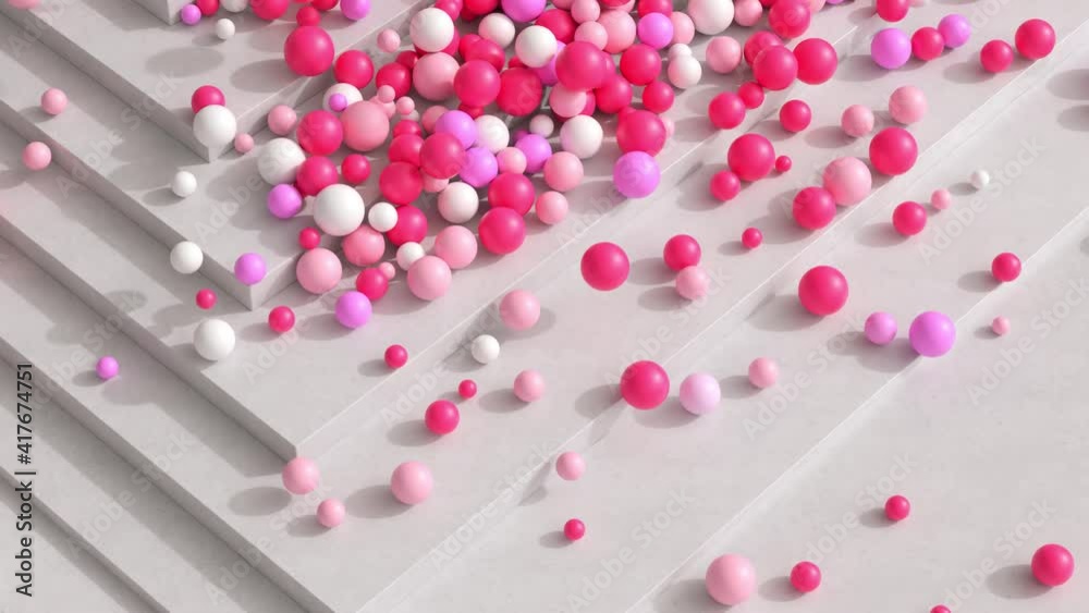Poster 3d render of balls falling down from steps. a lot of colored spheres dynamically interact.