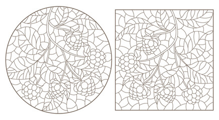 Obraz premium Set of contour illustrations of stained glass windows with branches with berries and leaves, dark outlines on a white background