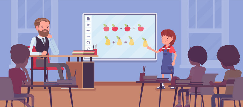 Interactive white board, smartboard learning and presentation for school. Girl standing at touchscreen in front of classroom, doing math adding and subtracting. Vector flat style cartoon illustration
