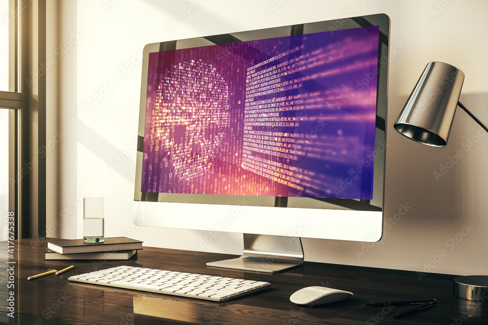 Leinwandbilder creative code skull hologram on modern computer monitor, cybercrime and hacking concept. 3d renderin