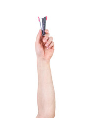 Man's arm raised holding a office supplies: stapler. Isolate on white background.