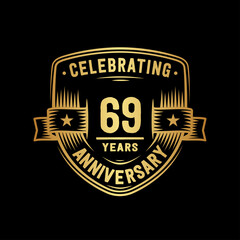 69 years anniversary celebration shield design template. Vector and illustration