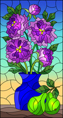 Illustration in stained glass style with floral still life, vase with a bouquet of purple flowers and pears on a blue background