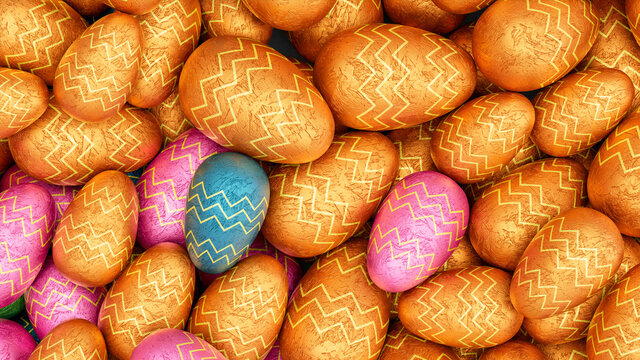 Multicolored, foil wrapped Easter Egg background. Beautiful Easter Wallpaper with, patterned Pink, Teal and Orange Eggs. 3D Render 