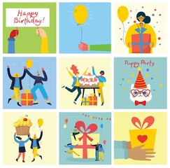 Happy birthday party backgrounds. Happy group of people celebrate on a bright background. Vector illustration