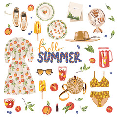 Summer set. Vector flat image design isolated on white background. Colored flat vector illustration. Idea for a seamless pattern and fabric.  