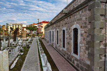 Fototapeta na wymiar Historical stone buildings located in amasra town of Bartın province on the western black sea coast. genoa crests