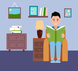 A man or boy sits in armchair and reads book, bedside table lamp, cupboard with books, paintings, shelf with books, photo on the wall in the living room. Cozy home interior. Flat vector illustration