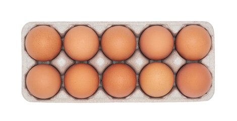 Eggs in egg carton top view isolated