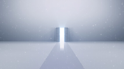 Door Opening to the brilliant Future, way to Heaven and Success. 3D illustration.