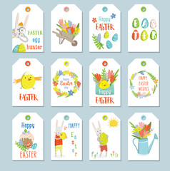 Fototapeta na wymiar Set of Easter gift tags and labels with cute cartoon characters and type design . Easter greetings with bunny, chickens, eggs and flowers. Cute design. Spring mood. Vector illustration.