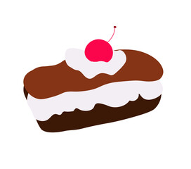 a cake with whipped cream on an isolated white background in a cartoon flat style.a confection with a sweet sandwich with white cream.dessert with cherry berries