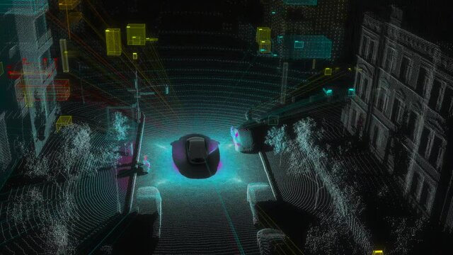 Concept of Self-driving car vision. Artificial intelligence training in detect objects