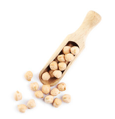 Wooden scoop with chickpeas on white background, top view. Natural food