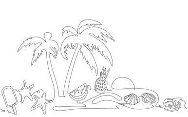 Fototapeta na wymiar Summer Background. One line Art. Vacation Pattern. Poster with Palm trees, Fruits, ice cream, Seashells, Sun and Sand. Vector illustration.