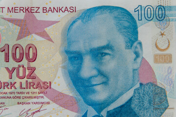 Macro shot of the one hundred turkish lira banknote