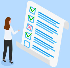 Woman studying questionnaire. Female character checks and grades test. Exam assessment concept. Cartoon character standing near big checklist and summarizing results. Girl studies form with answers