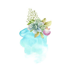 delicate blue background with a bouquet of flowers of succulents. illustration watercolor