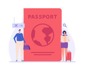 ID document illustration. Couple moving to another country. People with luggage in airport. Concept of international migration, emigration, citizenship, passport. Vector illustration for web design