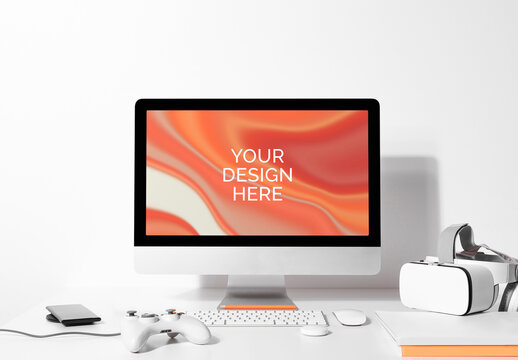 Computer Screen Mockup on White Table