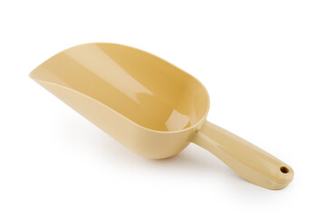 Beige plastic scoop on white insulated background.