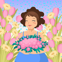 Portrait of a woman with a bouquet, flowers around, summer spring congratulation design concept card. Vector illustration