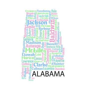 Word cloud map design includes all Counties, Cities, Municipalities in the state of Alabama. It's an editable vector file.