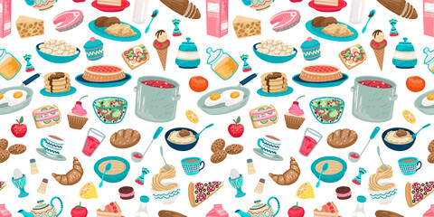 Food icon seamless pattern. Pastries, breakfasts, lunches in a restaurant, menu and decor, print for background. Vector illustration