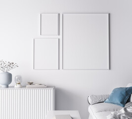 Frame mockup in modern living room design, three frames on bright white wall, 3d render
