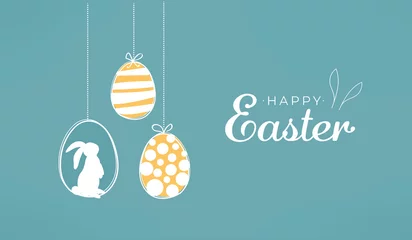 Foto op Canvas Happy Easter card with easter eggs garland and rabbit. Simple vector decoration © milushka