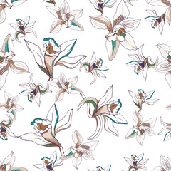 Light tropical flower pattern, white flowers seamless vector background. Print for dress fabric, bedding and home textiles.