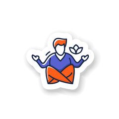 Meditation sticker . Yoga exercise and relaxation practice in mind focus, attention management badge for design. Man sitting in lotus pose vector illustration