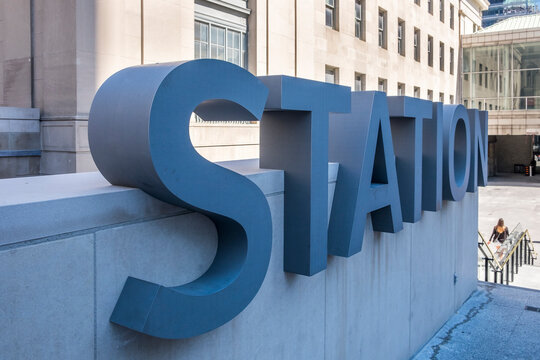 A Blue Station Sign At The Top Of The Stairs Outside Union Station In Toronto Canada.